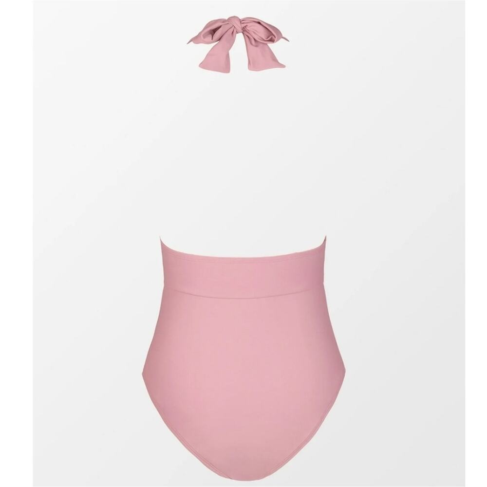 Cupshe Dusty Rose Pink Halter One Piece Swimsuit S Ruched Plunge NWT - Picture 4 of 8